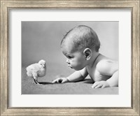 Framed 1930s Human Baby Face To Face With Baby Chick