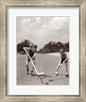 Framed 1930s 1940s 2 Boys With Sticks And Puck