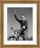 Framed 1940s 1950s Smiling Boy Riding Bike Waving