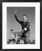 Framed 1940s 1950s Smiling Boy Riding Bike Waving