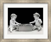 Framed 1930s 1940s Twin Babies Playing Game Of Checkers