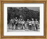 Framed 1950s Lineup Of 9 Boys In Tee Shirts With Bats