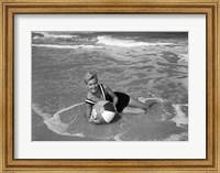 Framed 1960s Woman In Bathing Suit Lying In The Surf