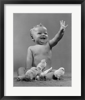 Framed 1950s Laughing Baby Surrounded By Little Baby Chicks