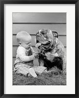 Framed 1950s 1960s Baby Sitting Playing With Bulldog