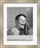 Framed 1950s 1960s Boy Washing Face Sitting In Bathtub
