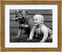 Framed 1950s 1960s Baby Seated Next To Bulldog In Grass