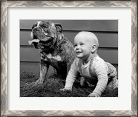 Framed 1950s 1960s Baby Seated Next To Bulldog In Grass