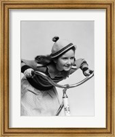 Framed 1930s Smiling Eager Little Girl In Knit Cap And Sweater Riding Bike