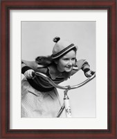 Framed 1930s Smiling Eager Little Girl In Knit Cap And Sweater Riding Bike