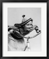 Framed 1930s Smiling Eager Little Girl In Knit Cap And Sweater Riding Bike