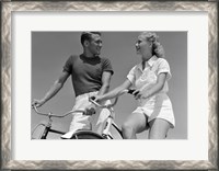 Framed 1930s 1940s Smiling Couple On Bikes Looking At One Another