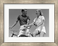 Framed 1930s 1940s Smiling Couple On Bikes Looking At One Another
