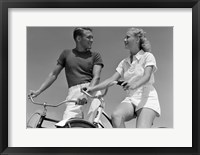 Framed 1930s 1940s Smiling Couple On Bikes Looking At One Another