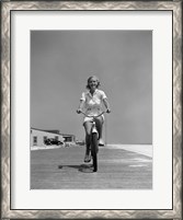 Framed 1940s Summer Time Smiling Woman Riding Bike On Beach Boardwalk