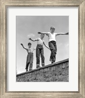 Framed 1950s Three Laughing Boys Walking On Top Of Stone Wall