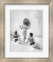Framed 1920s Three Smiling Women In Swimsuits At The Beach