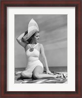 Framed 1930s 1940s Woman In Bathing Suit On Beach Wearing Big Hat