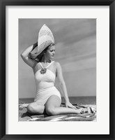 Framed 1930s 1940s Woman In Bathing Suit On Beach Wearing Big Hat