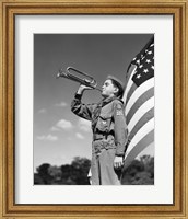 Framed 1950s Boy Scout In Uniform Standing In Front American Flag
