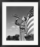 Framed 1950s Boy Scout In Uniform Standing In Front American Flag