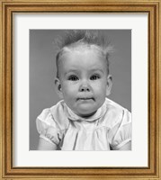 Framed 1960s Head On Portrait Of Baby Girl In Ruffled Dress