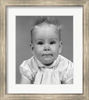 Framed 1960s Head On Portrait Of Baby Girl In Ruffled Dress