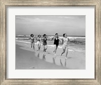 Framed 1930s Four Women And One Man Running On Beach