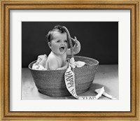 Framed 1940s Baby In Wicker Basket With Happy New Year Banner