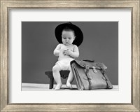 Framed 1940s Baby In Fedora Seated On Stool