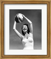 Framed 1940s Woman In White Bathing Suit Holding A Beach Ball