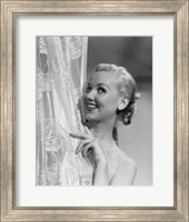 Framed 1950s Wet Blonde Woman Peeking Around Shower Curtain