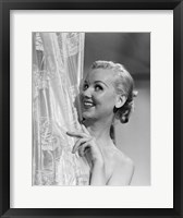 Framed 1950s Wet Blonde Woman Peeking Around Shower Curtain