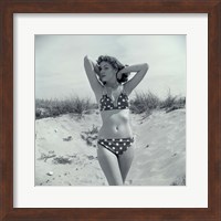 Framed 1950s Brunette Beauty In Polka Dot Bikini Standing In Sand