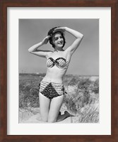 Framed 1950s Young Woman Kneeling In Grassy Sand