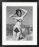 Framed 1950s Young Woman Kneeling In Grassy Sand