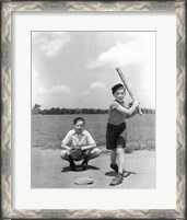 Framed 1930s Two Boys Batter And Catcher Playing Baseball
