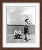 Framed 1930s Two Boys Batter And Catcher Playing Baseball