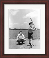 Framed 1930s Two Boys Batter And Catcher Playing Baseball