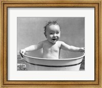 Framed 1920s 1930s Wet Baby Girl Sitting In Metal Wash Tub