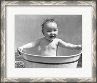 Framed 1920s 1930s Wet Baby Girl Sitting In Metal Wash Tub