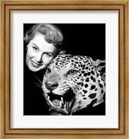 Framed 1950s Woman Face Posed With Growling Stuffed Leopard Head