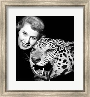 Framed 1950s Woman Face Posed With Growling Stuffed Leopard Head