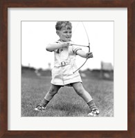 Framed 1930s Boy Outdoors Aiming Toy Bow And Arrow Archery