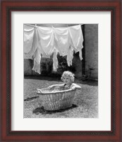 Framed 1930s 1940s Girl Outdoors Sitting In Laundry Basket