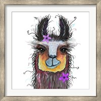 Framed Llama with Purple Flower