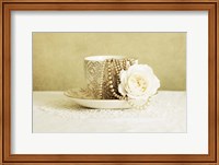 Framed Antique Cup and Saucer with White Flower and Pearls