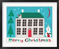 Framed Jolly Holiday Home on Blue Merry Christmas