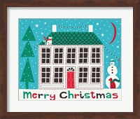 Framed Jolly Holiday Home on Blue Merry Christmas
