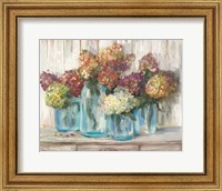 Framed Hydrangeas in Glass Jars White Wood